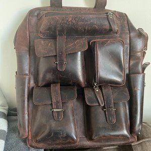 Genuine Leather Backpack for Men Multi Pockets School Travel Daypack fits 15.6"